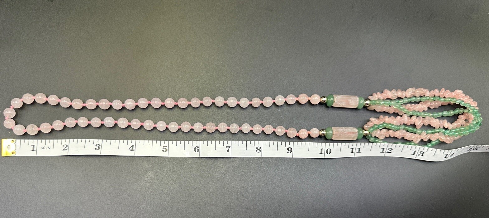 Vintage Chinese Export Multistrand Pink Rose Quartz Green Jade Necklace Stunning