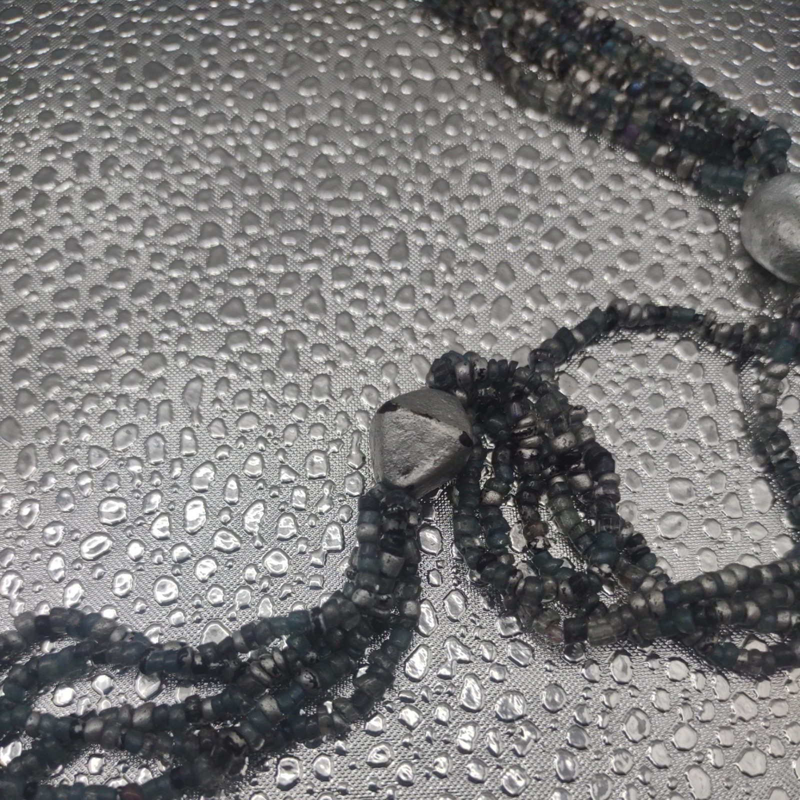 Vintage Shiny Black, Grey, White Necklace 5 Strand Stone Seed Bead Jewelry 17″