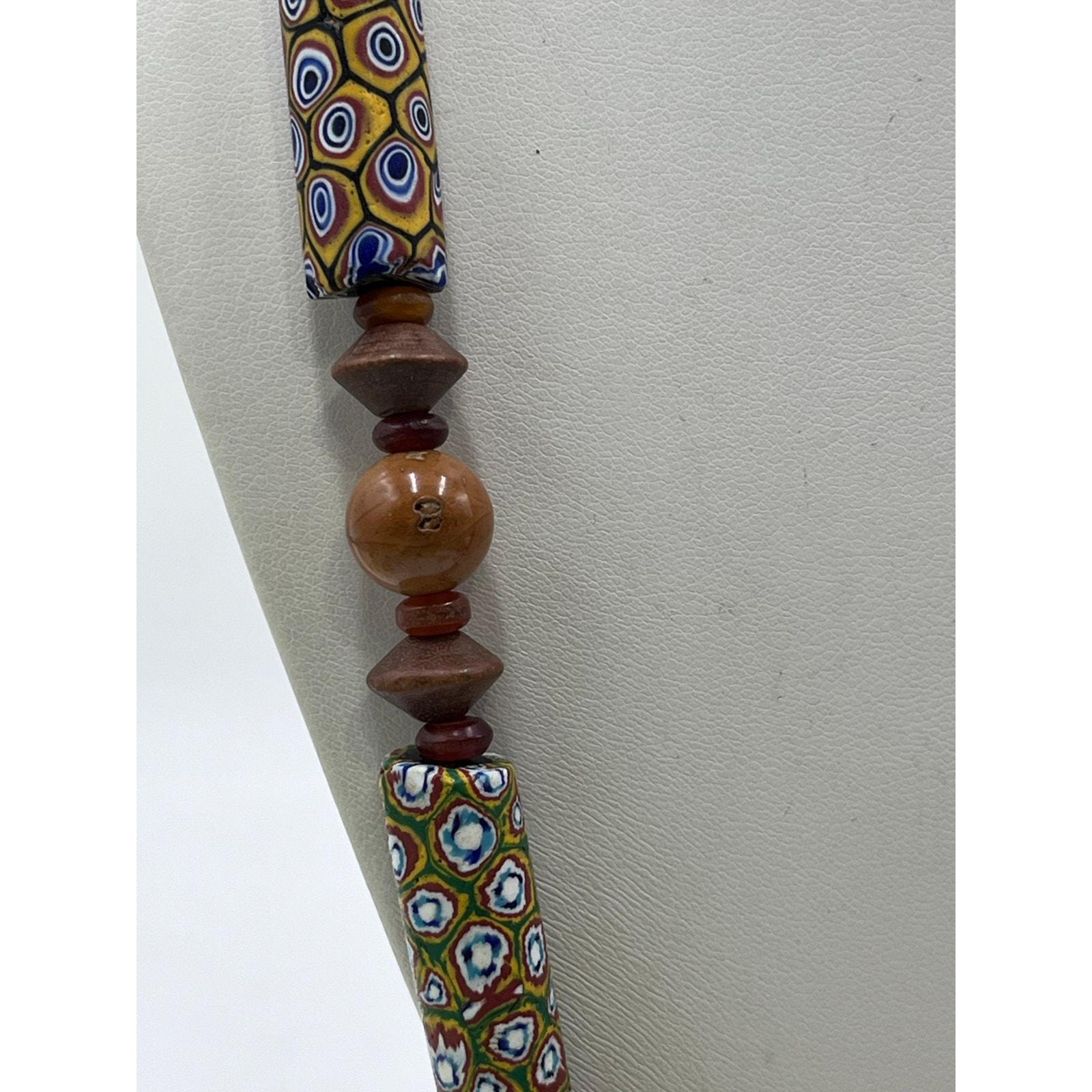 Antique Sterling Millefiori African Trade Bead Amber Resin Bakelite Necklace