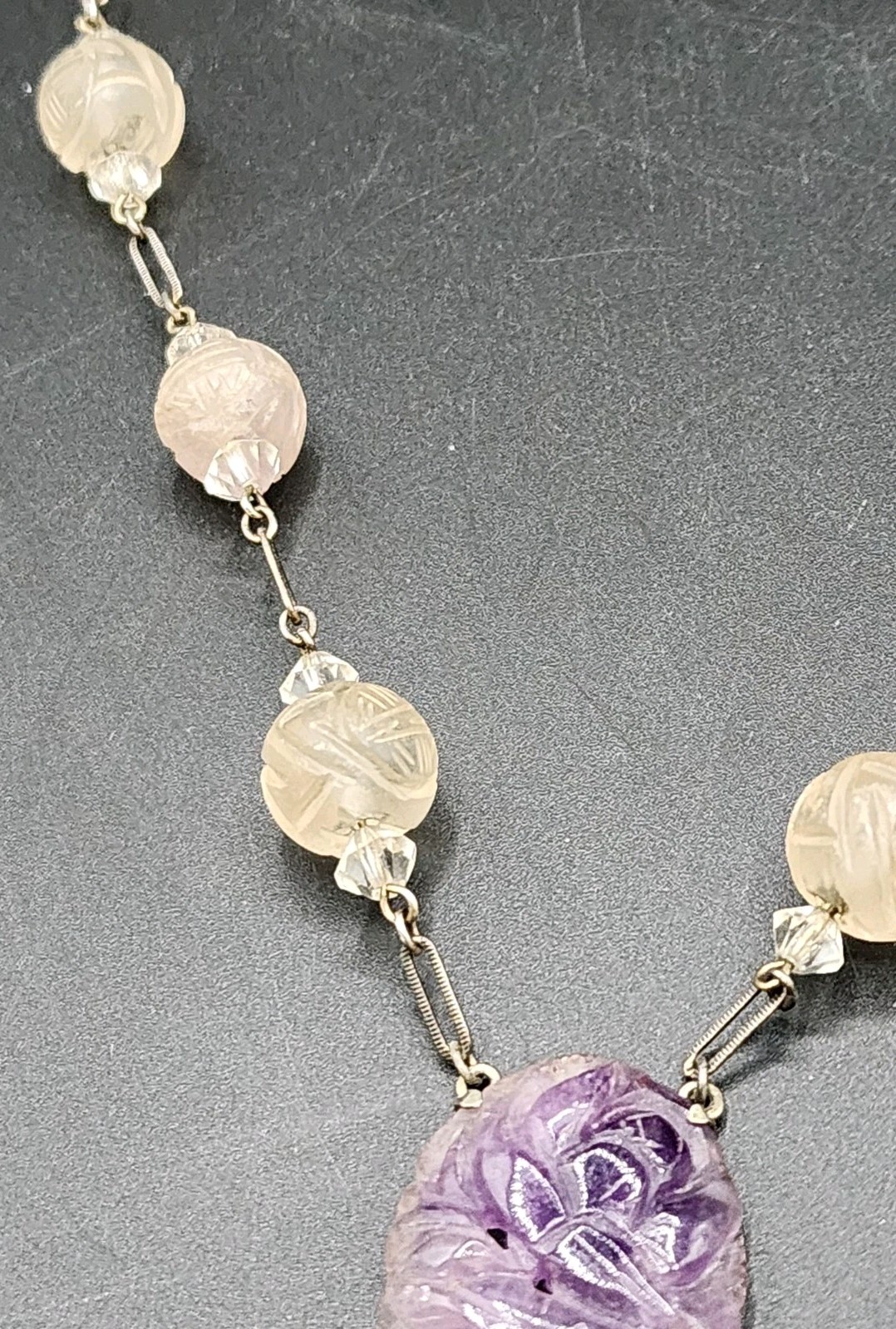 Antique Art Deco Chinese Carved Purple Amethyst Bead Necklace w/Carved Pendant