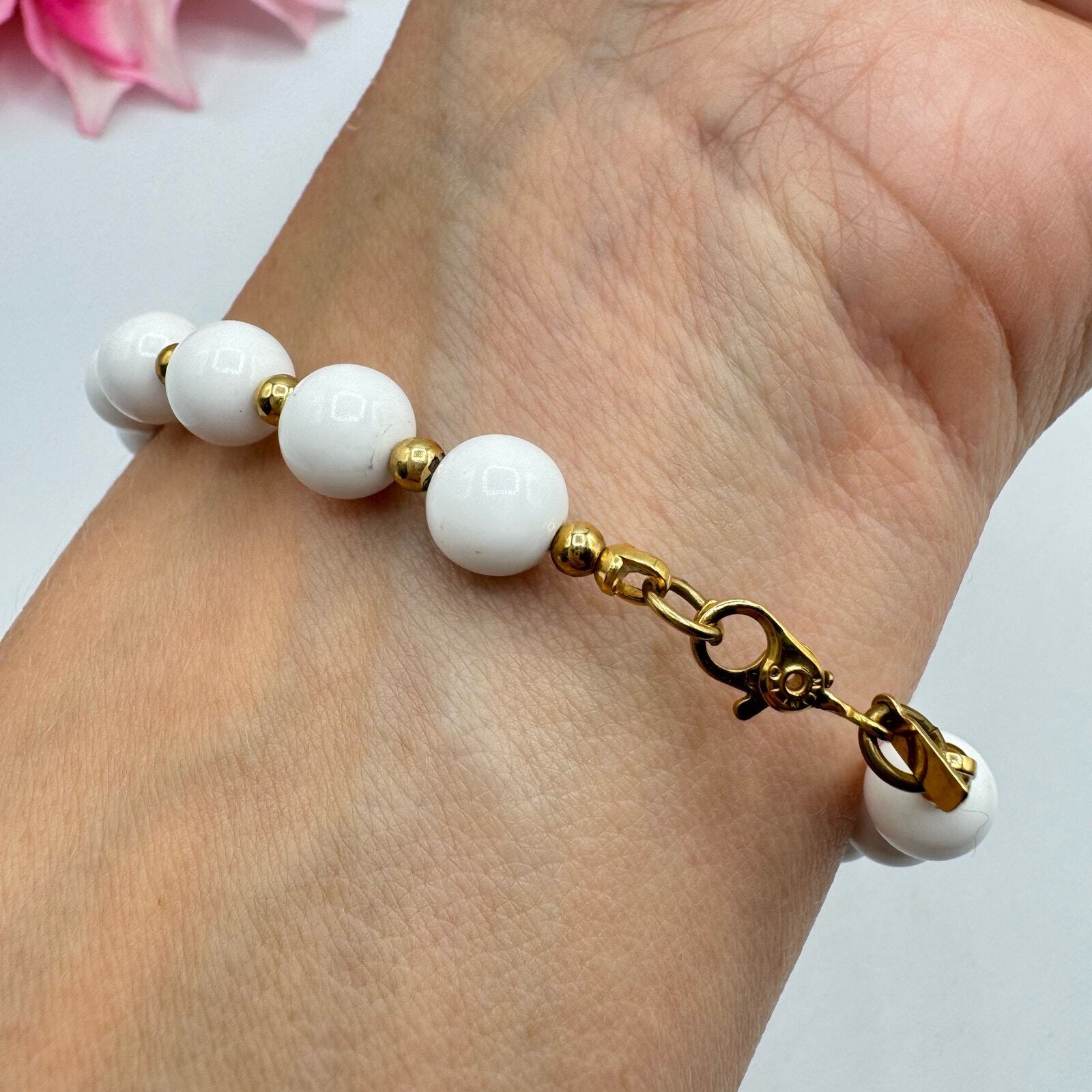 Vintage Monet White Beaded Signed Bracelet Gold Tone Chic Classic Sister Clasp