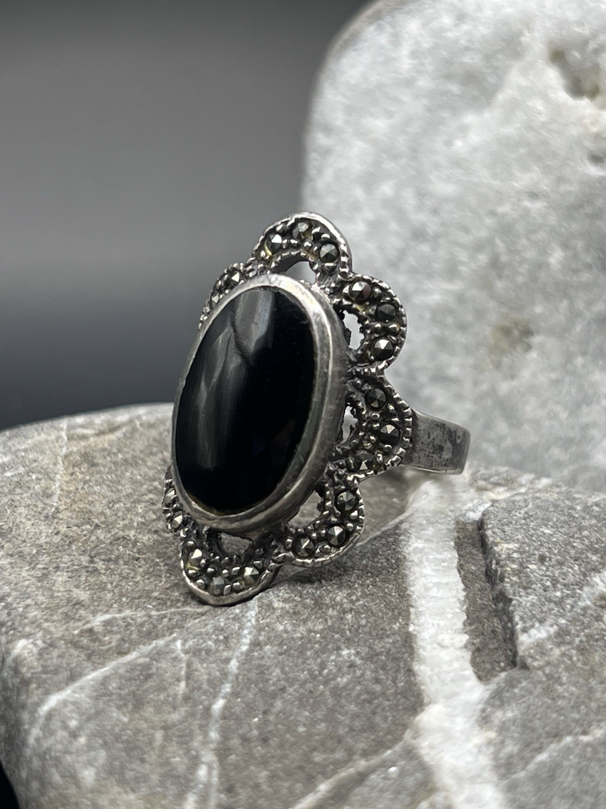 Vintage USSR 925 Silver Ring Black Stone Jewelry Size 7