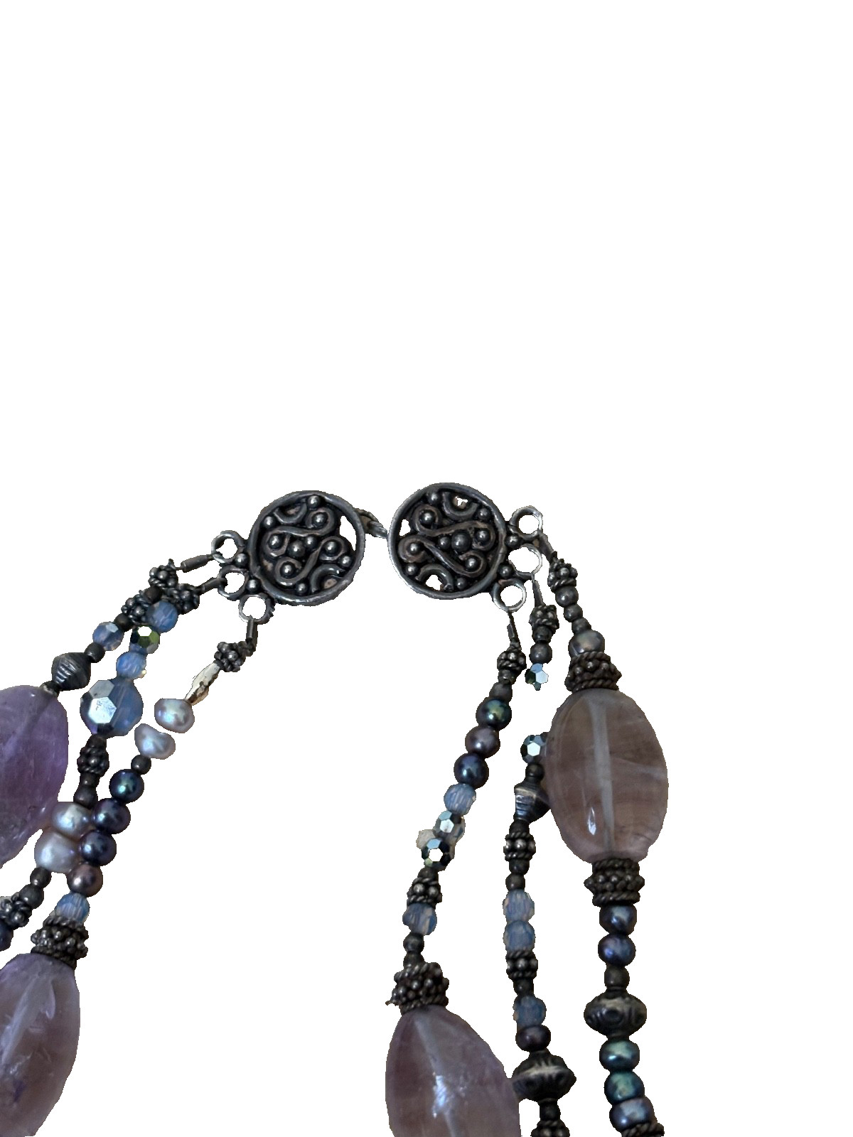 Artisan Purple Glass Silver Beaded 925 Triple Strand Necklace