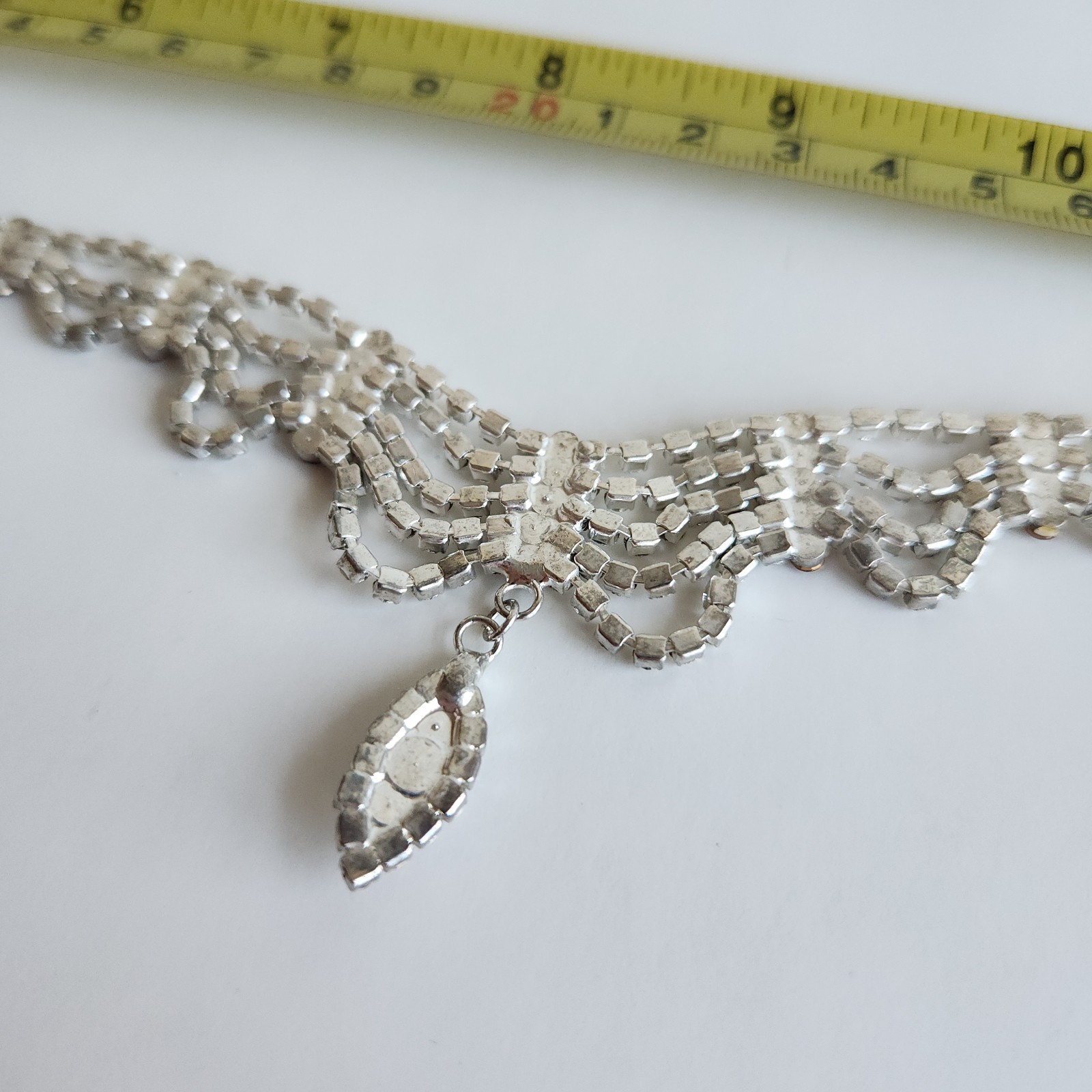 Old Hollywood Rhinestone Necklace Amber Accent Draped Bib 15–17” Silver