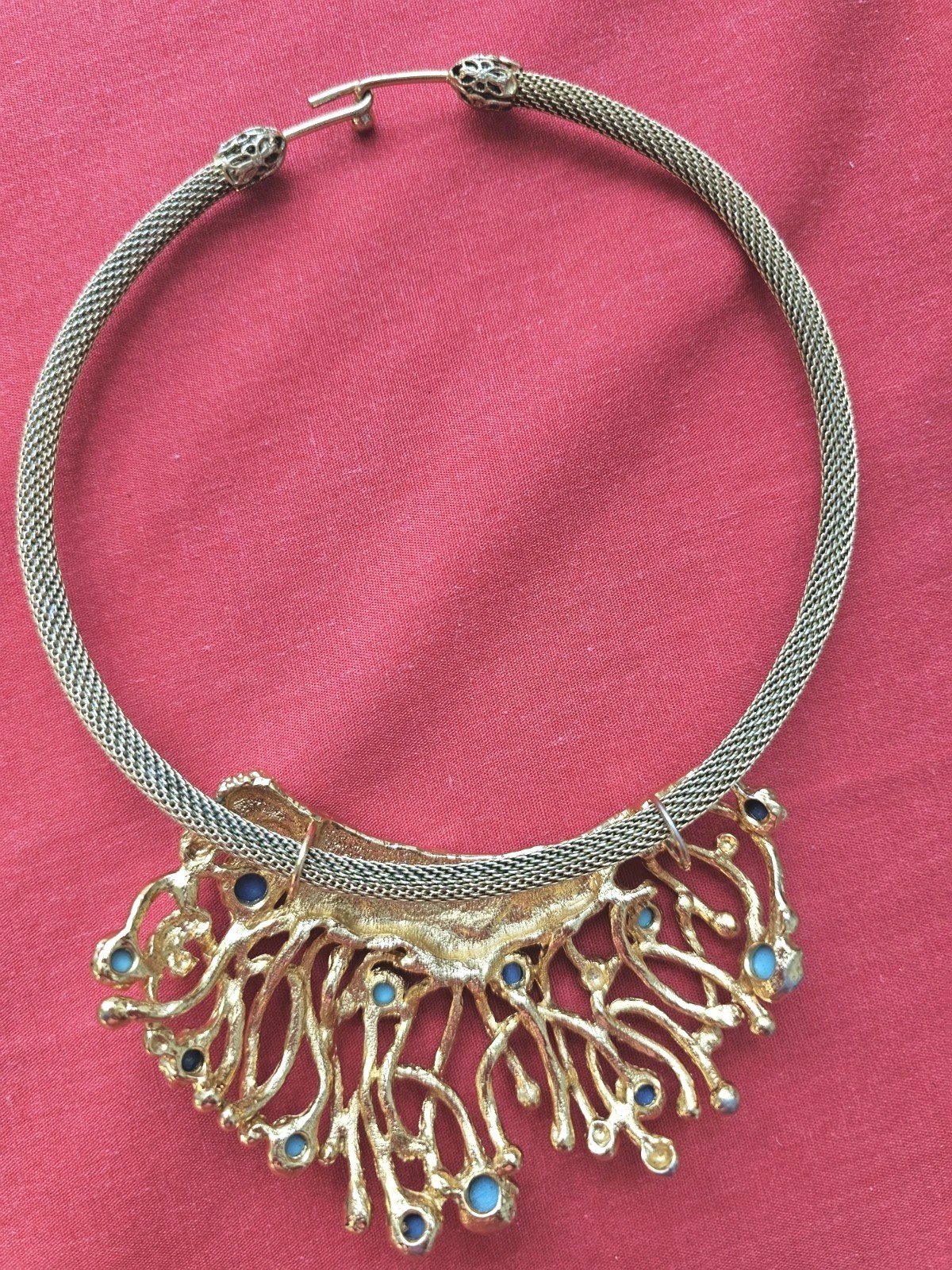 Signed PANETTA Gold tone Pendant Choker Faux Turquoise Lapis Cabochon Brutalist