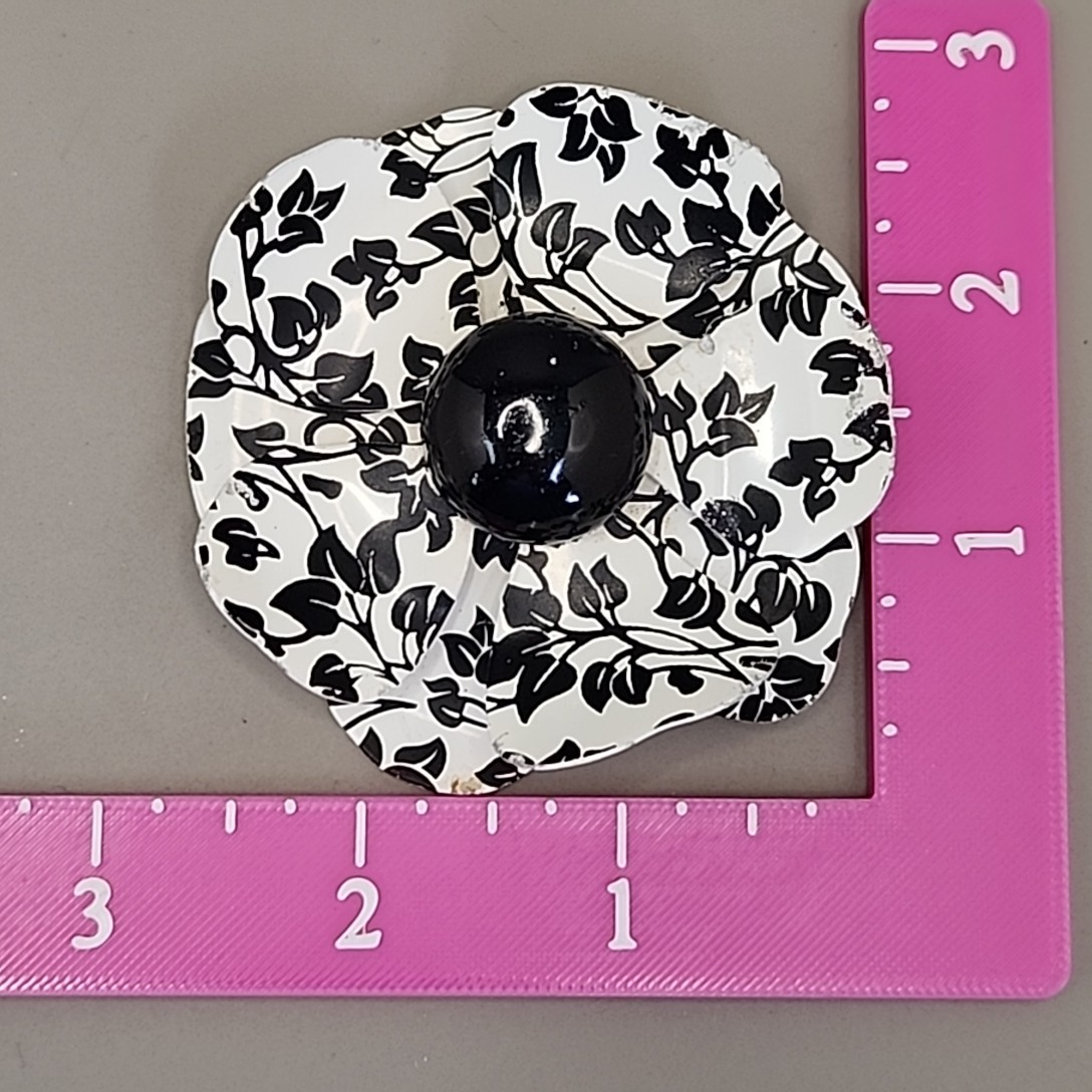Vintage Enamel Flower Brooch White Black Vines Round 2.75″