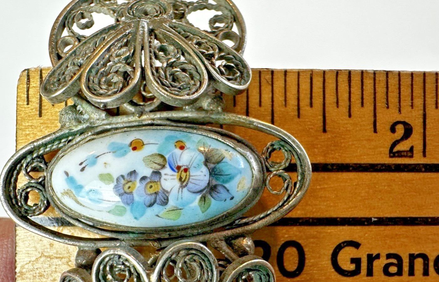 Vintage Painted Floral Motif Enamel Cuff Bracelet W/ Ornate Filigree