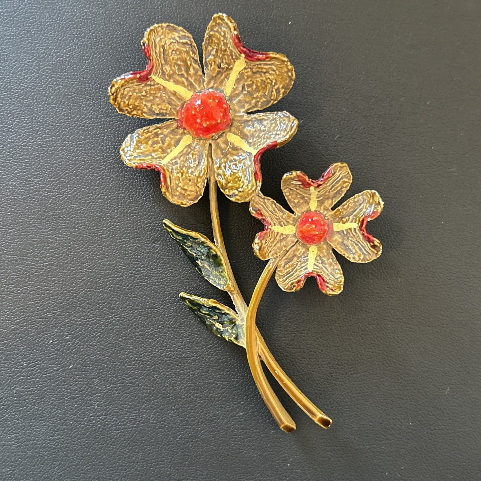 Vintage ART Arthur Pepper Brooch Flower Pin LARGE Unique Enamel Finish Gold Tone