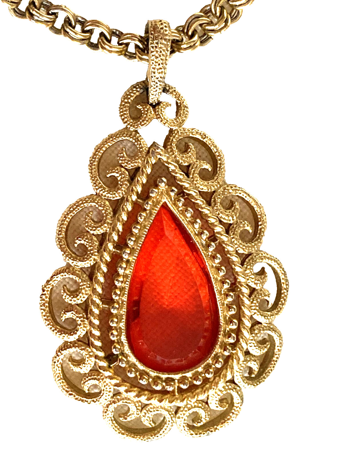 Vintage Granada AVON Teardrop Necklace-Lg Red/Orange Stone-Gold Tone Dubl Chain