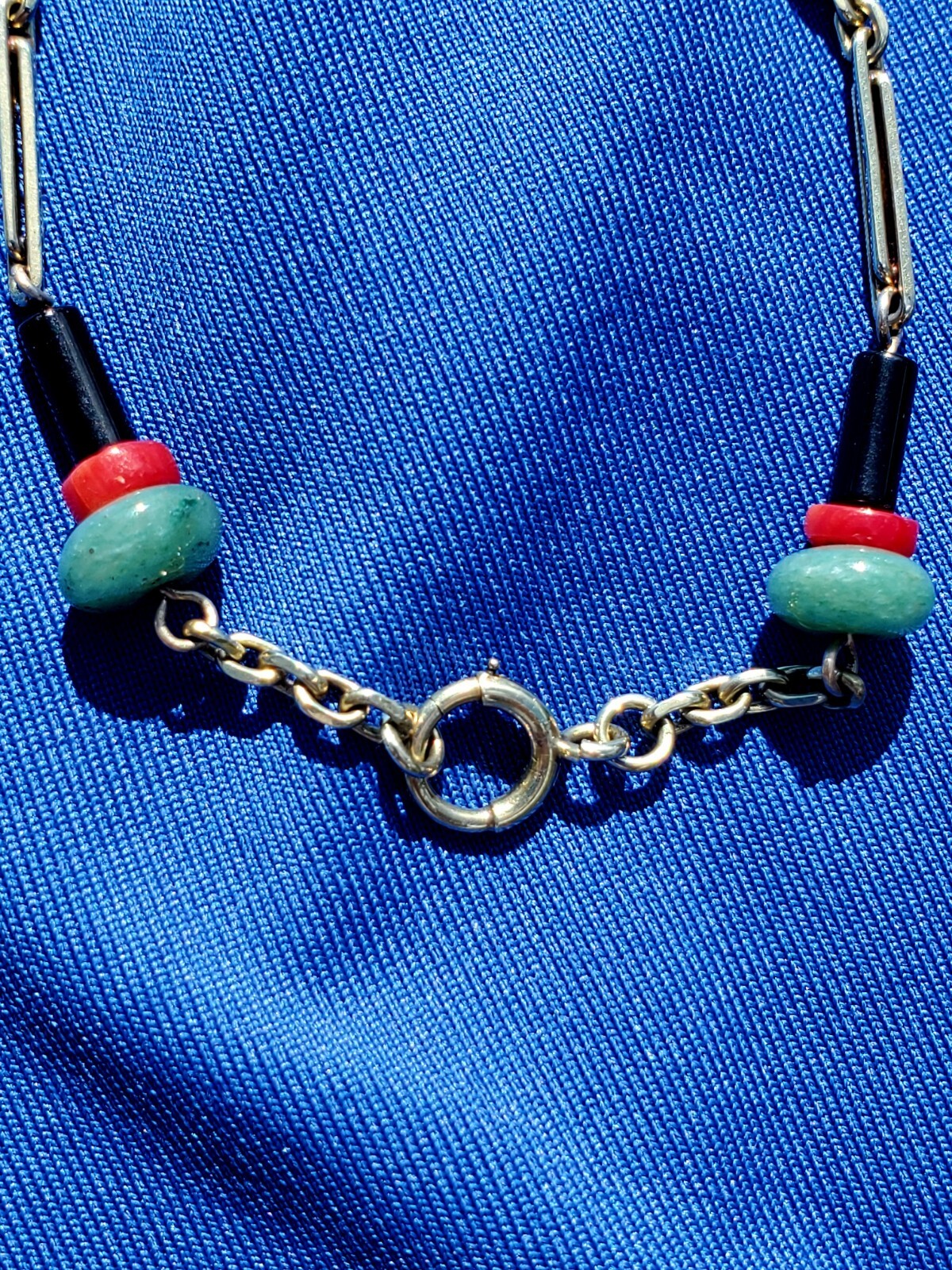 ORIGINAL Antique Deco Diamond Necklace Victorian Jade Onyx Coral Chain 14K GOLD