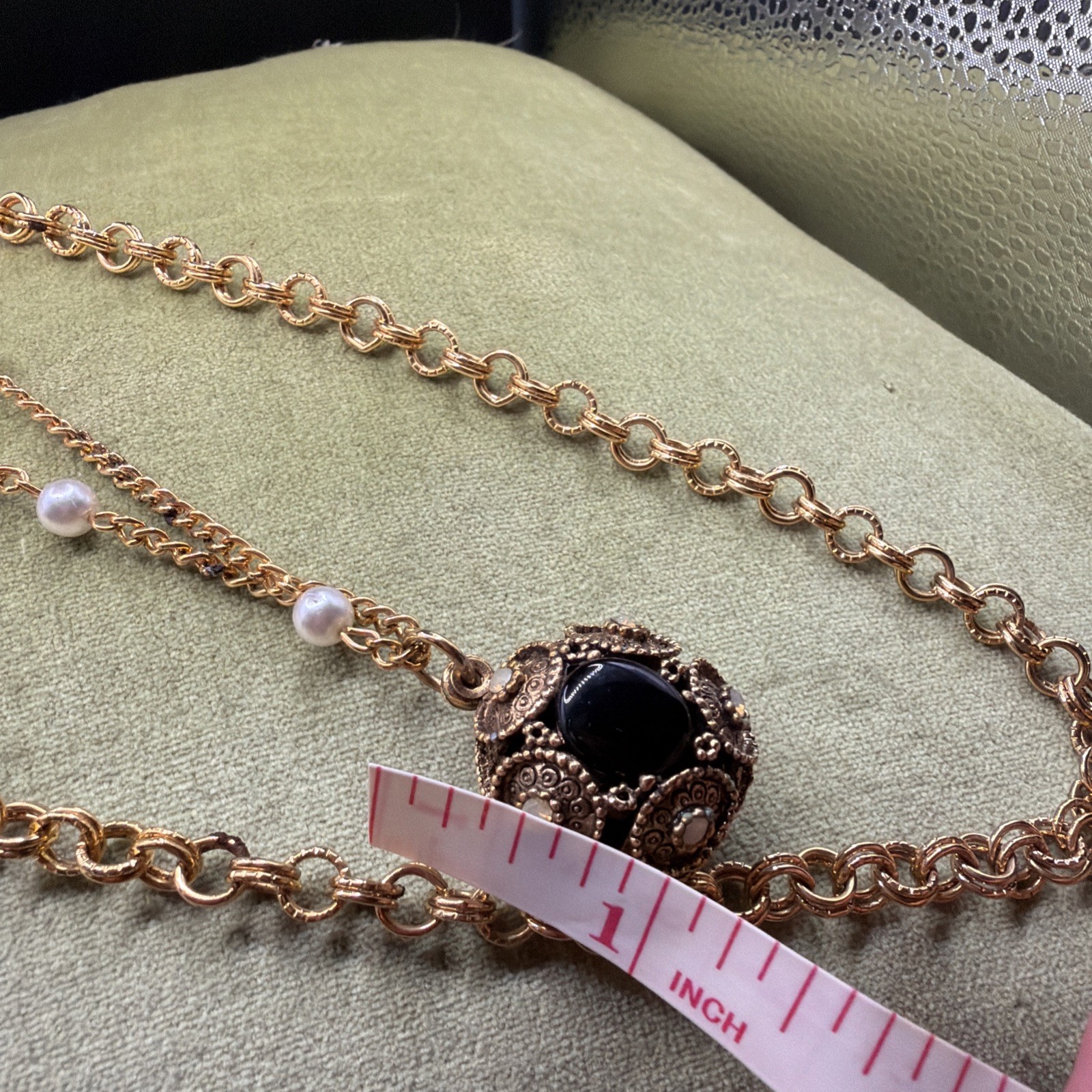 Victorian Revival Black Onyx Cabochon Pearl Station Pendant Necklace Long