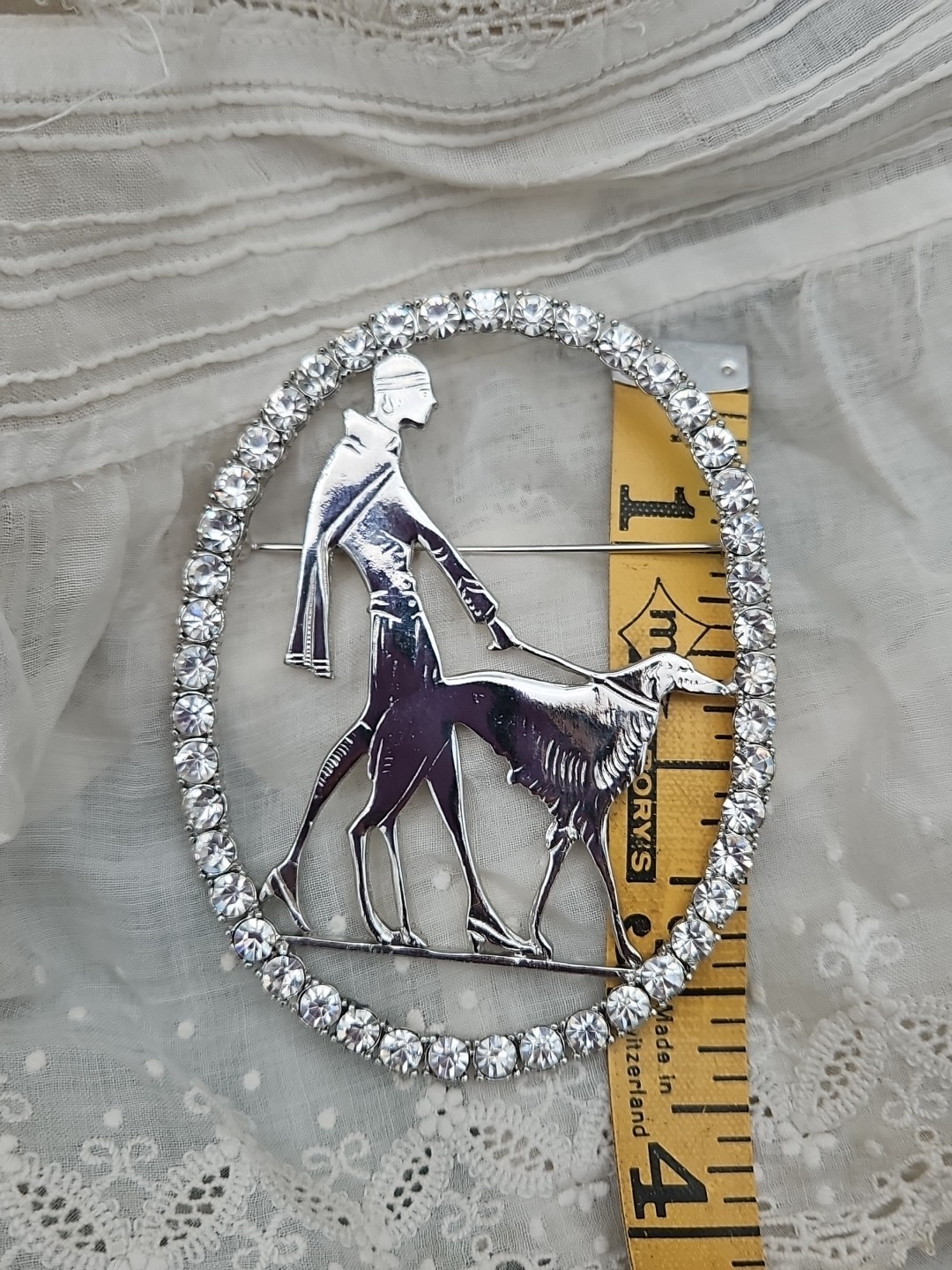 Vtg Vogue Art Deco 1920s Silver Lady Walking Borzoi Dog Brooch Pin Rhinestone