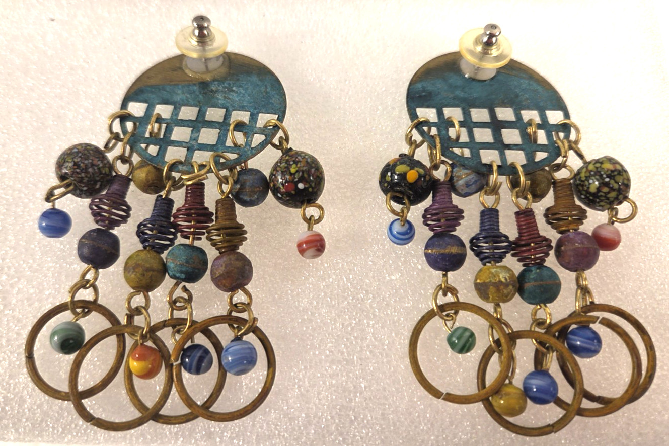 Vintage Boho Rustic Dangle Drop Post Earrings Mixed Metal Geometric Design