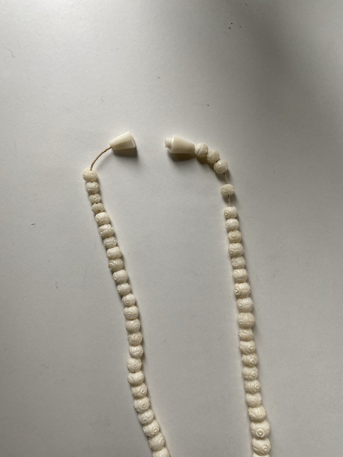2 Vintage Carved Cow Bone Bead Necklaces w/ Bone Screw Clasp Chinese Export