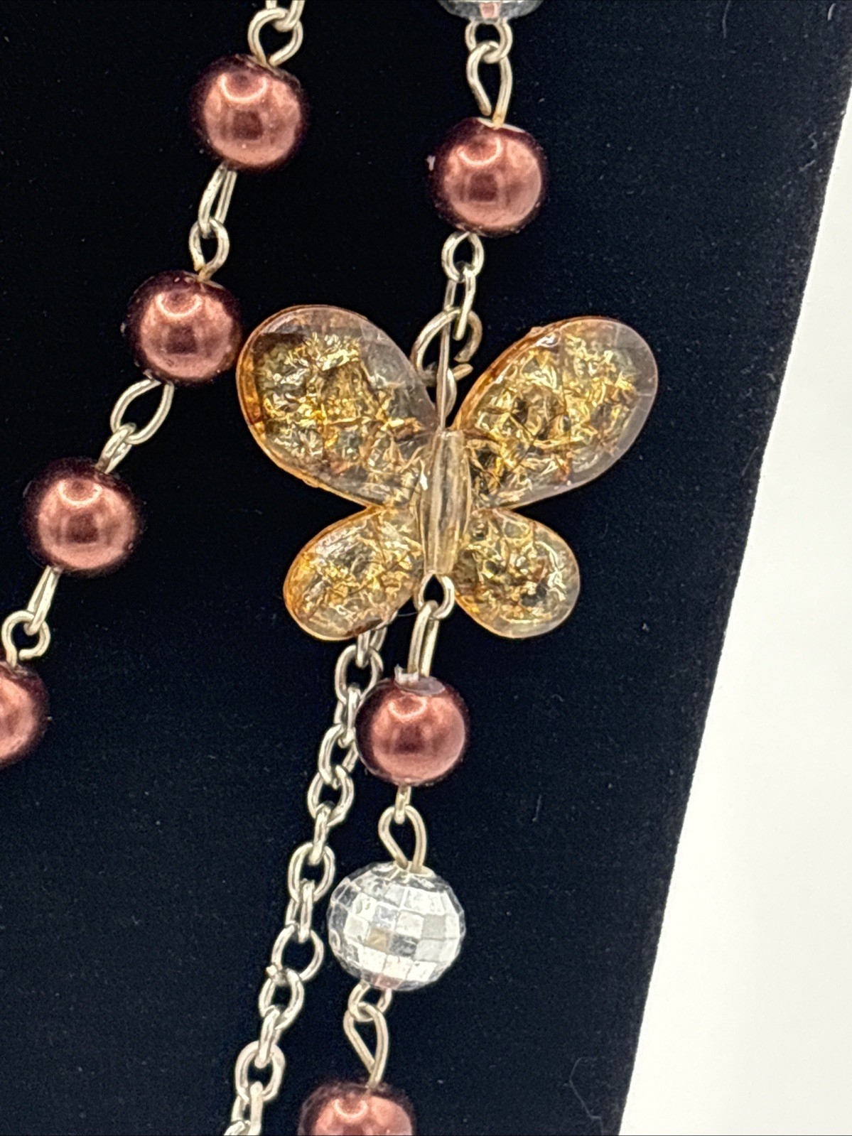 Vintage Multi strand Beaded Statement Necklace Acrylic Butterfly Accent READ