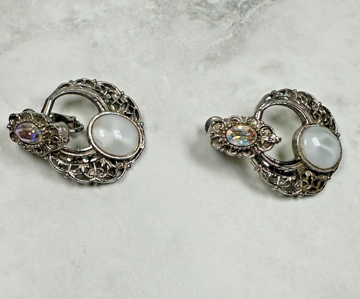 Silver Tone Clip-On Earrings with White Glass & Rhinestones – Vintage – 1.5″