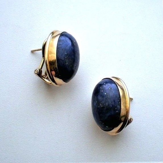 14K Yellow Gold 17.5MM x 14.75MM Lapis Lazuli Omega Back Pierced Earrings 9.3 g