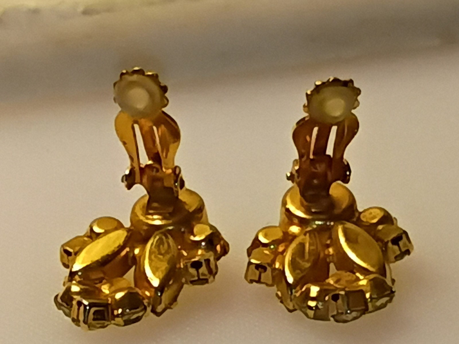 La Roco Rhinestone Vintage Clip Earrings Yellow w Gold Filled Metal