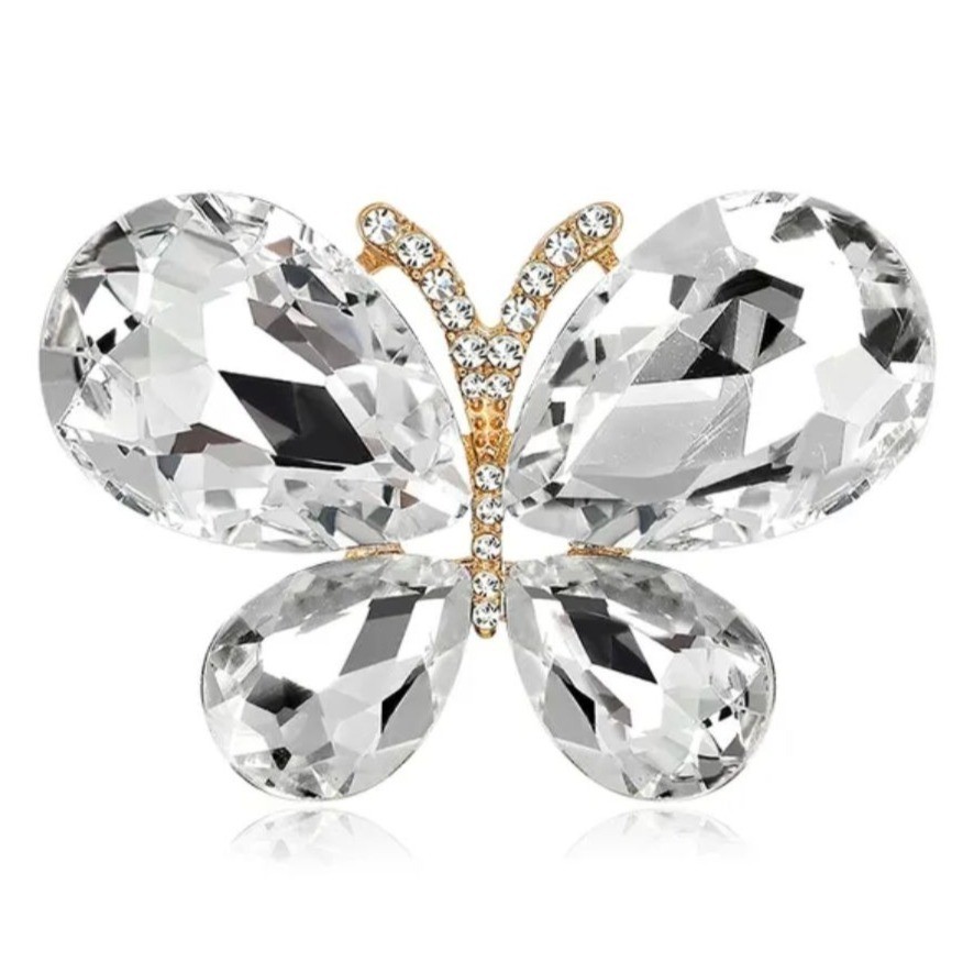 Brooch Butterfly Clear Glass Rhinestone & Crystals Gold Tone