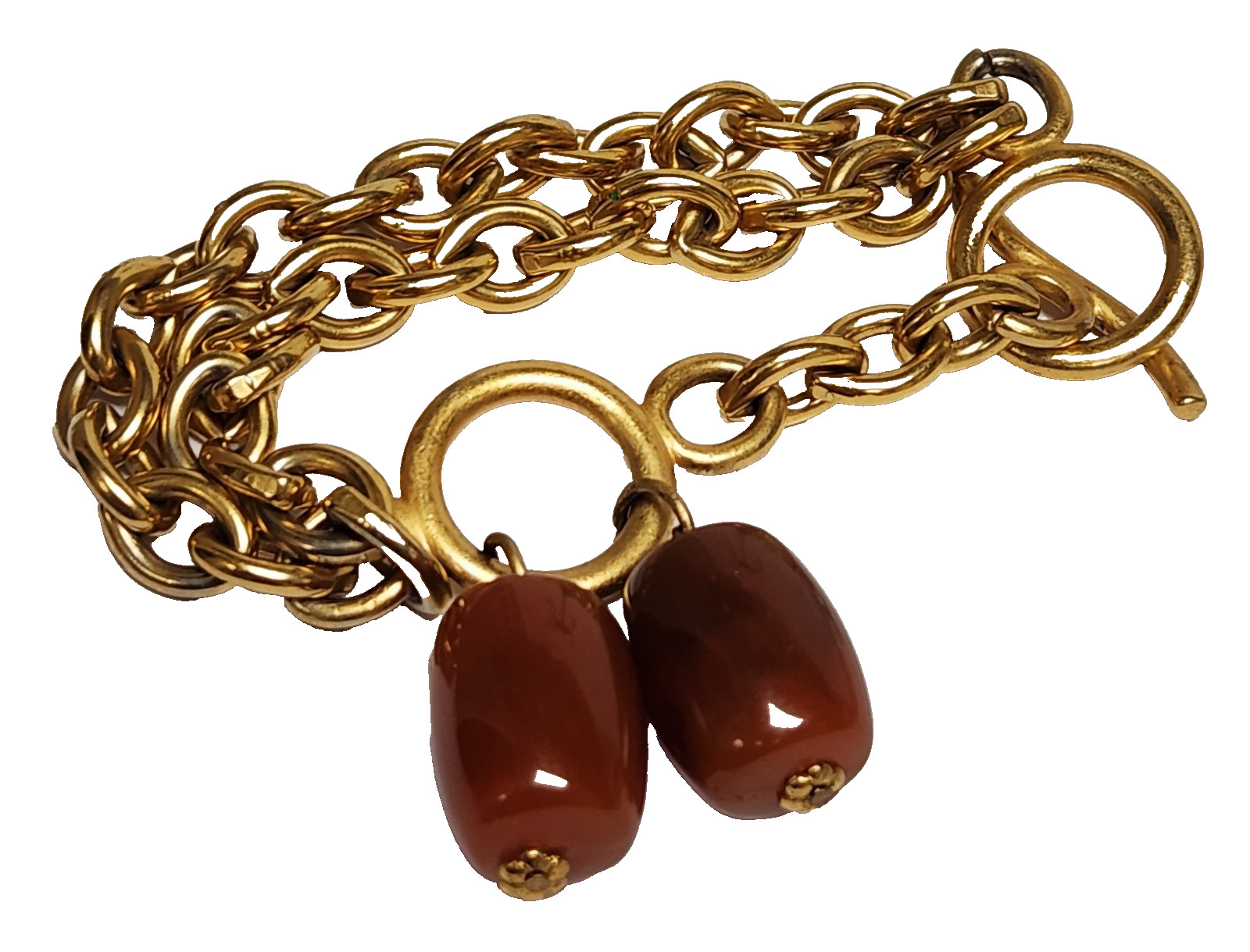Vintage 80’s Brushed Gold Tone Double Rolo Link Toggle Bracelet Barrell Dangles
