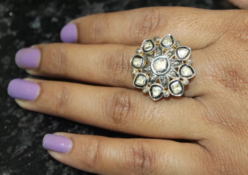 1.24ct Polki Rose Cut Diamond Victorian Look 925 Silver Ring