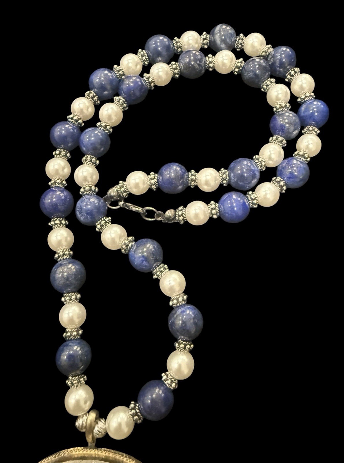 Lapis Sodalite And Faux Pearl Long Beaded Statement Pendant Necklace