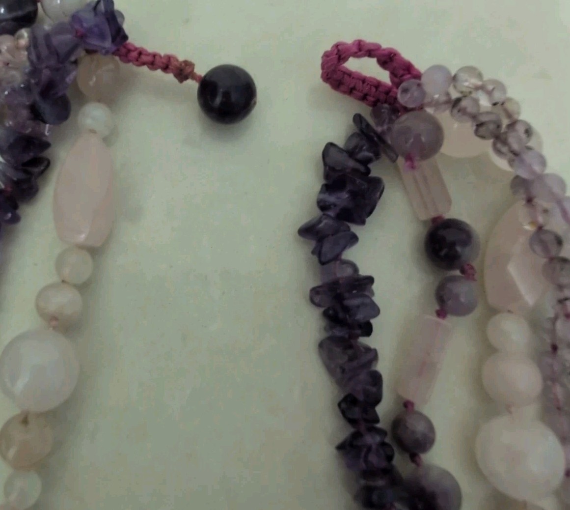 STUNNING VINTAGE MULTI STRAND CARVED AMETHYST DRAGON ROSE QUARTZ NECKLACE-L@@K