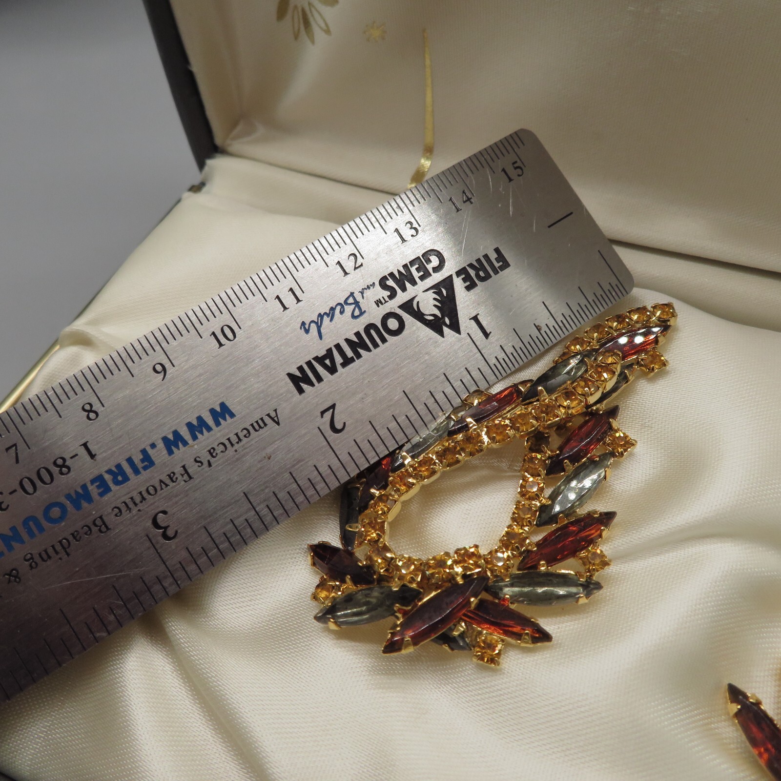 1950s fall colors Navette Rhinestone Brooch & Clip on Earrings Set Gold tone VTG