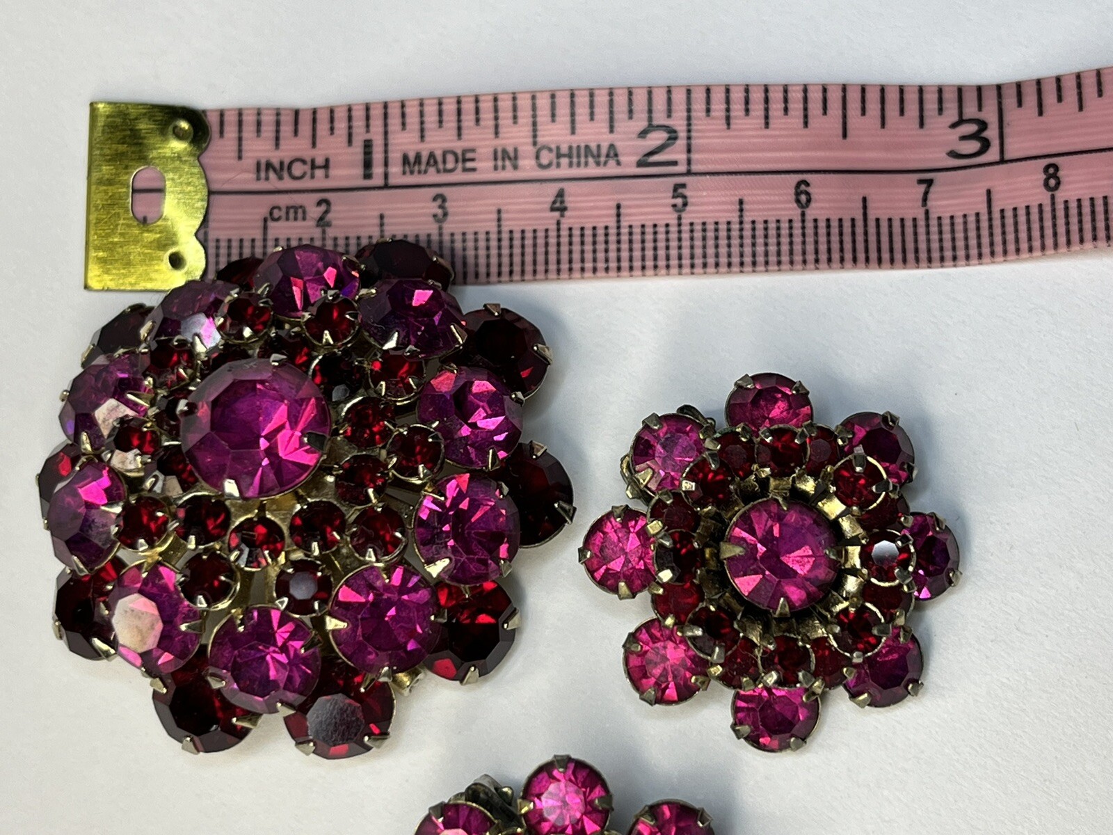 Vintage Rhinestone Dome Brooch Crystal Fuchsia Pink Red Garnet Layered Earrings