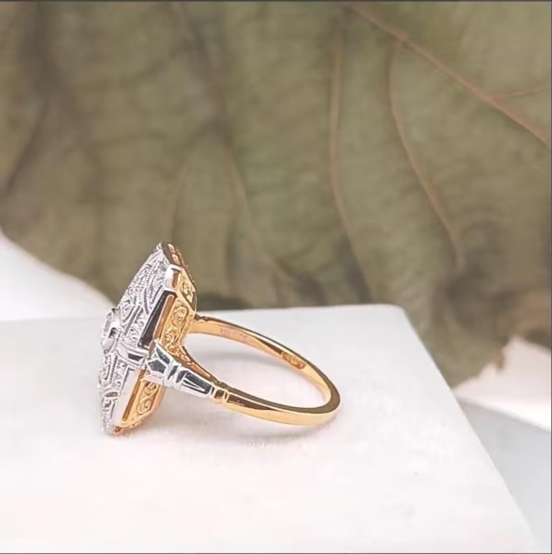 Edwardian 0.35 Ct Round Cut Moissanite Two-Tone Vintage Antique Tablet Ring