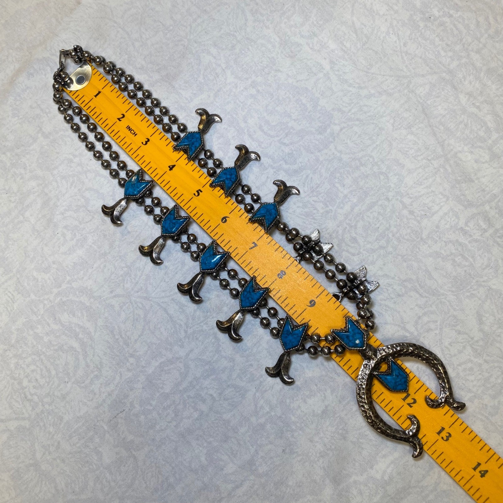 Vintage Southwestern Squash Blossom Style Necklace Turquoise Look Silver Tone