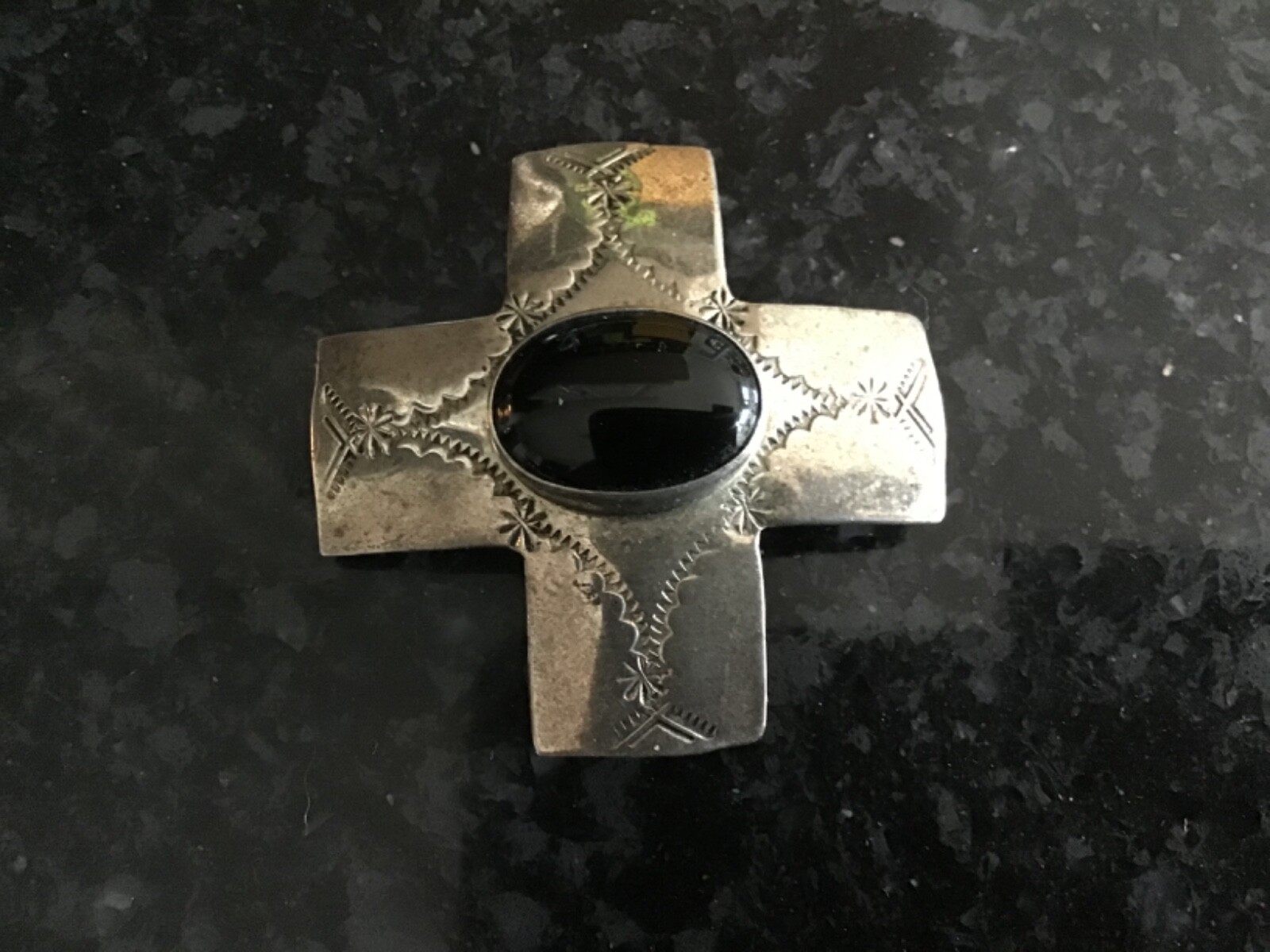 Vintage Signed Ben J. Chavez Sterling & Onyx Cross Pin/Pedant