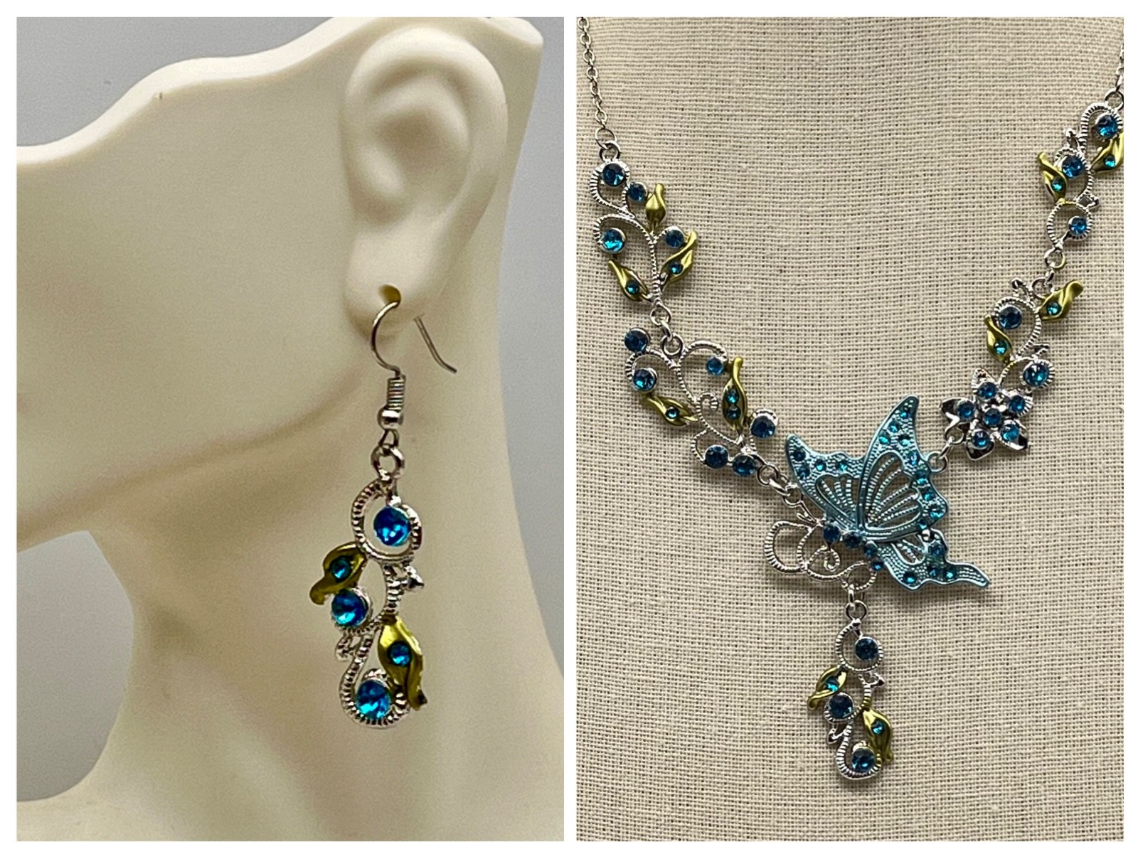Vintage Blue Butterfly Jewelry Set Y Drop Necklace Earrings Fairycore
