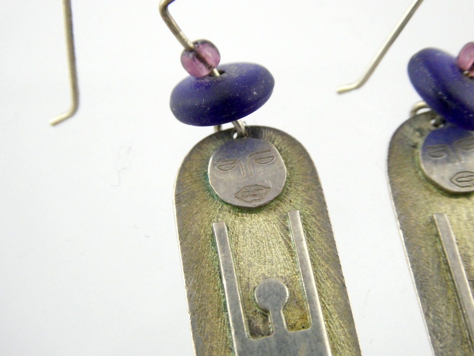 Vtg Artisan Handmade Sterling Silver Person Worshipping Sun Earrings 9g 2.25 In