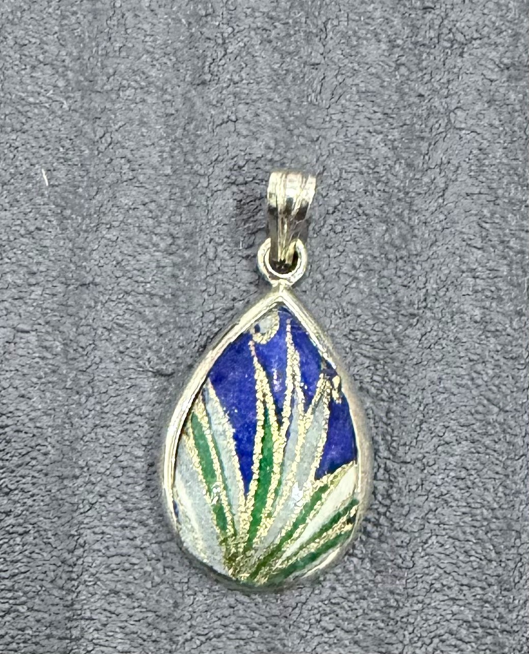 Vintage Enamel Floral Teardrop Pendant Blue Green White Silver Tone Necklace Cha