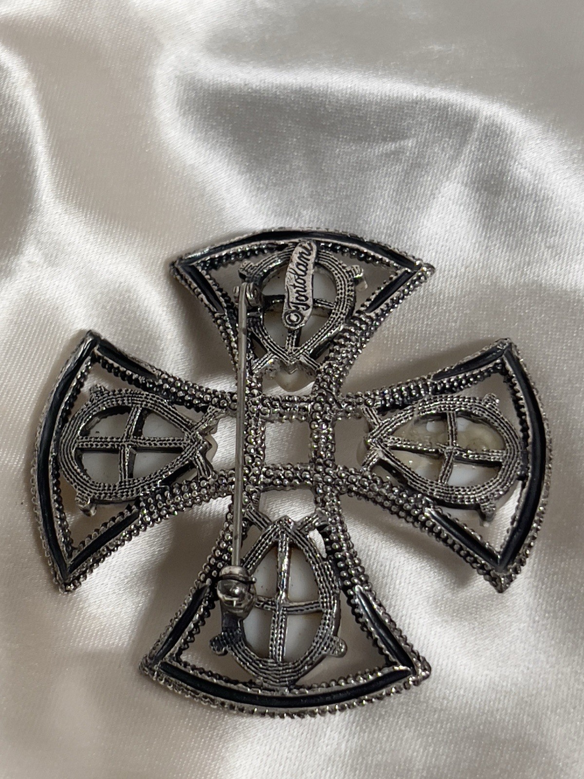Vintage Tortolani Silver Tone Brooch – Cross Design with White Cabochons