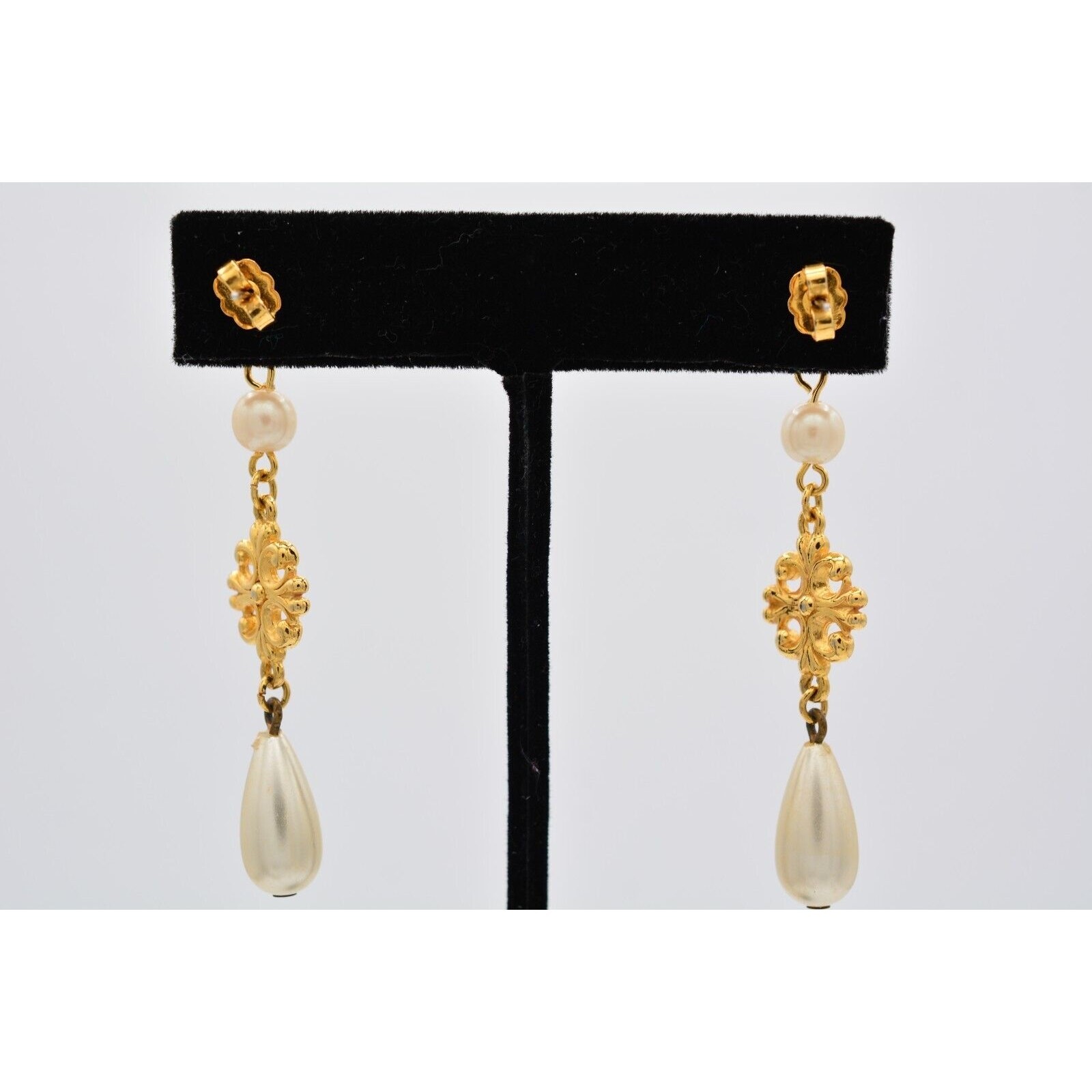 Vintage Dangle Drop Pearl Earrings Gold Tone Lightweight 2.25″ 1980s BinAV