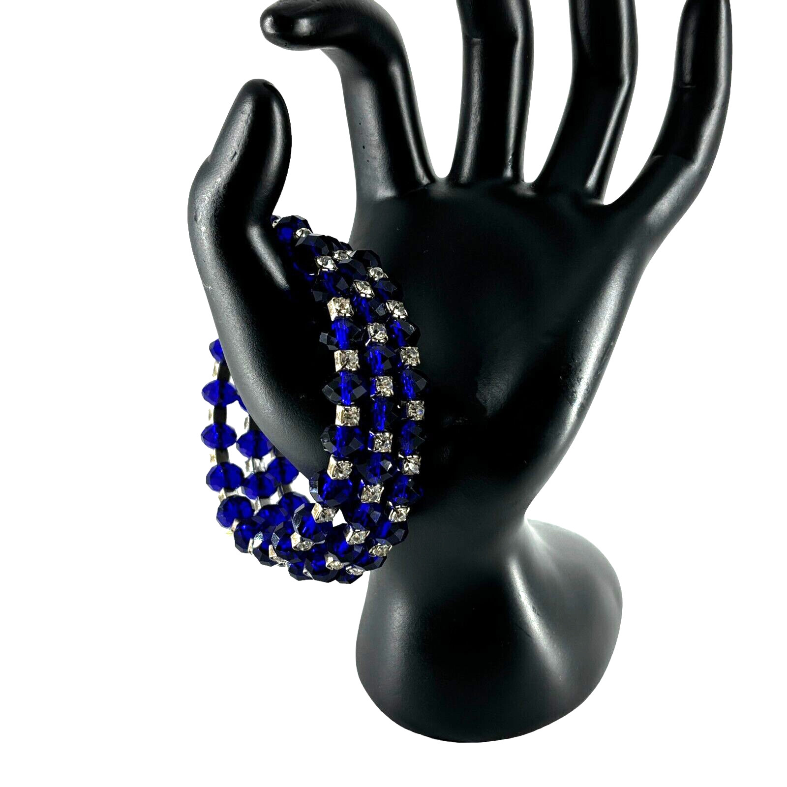 Vintage Multi Strand Crystal Bracelet Blue with Clear Rhinestone Stretch Wrap