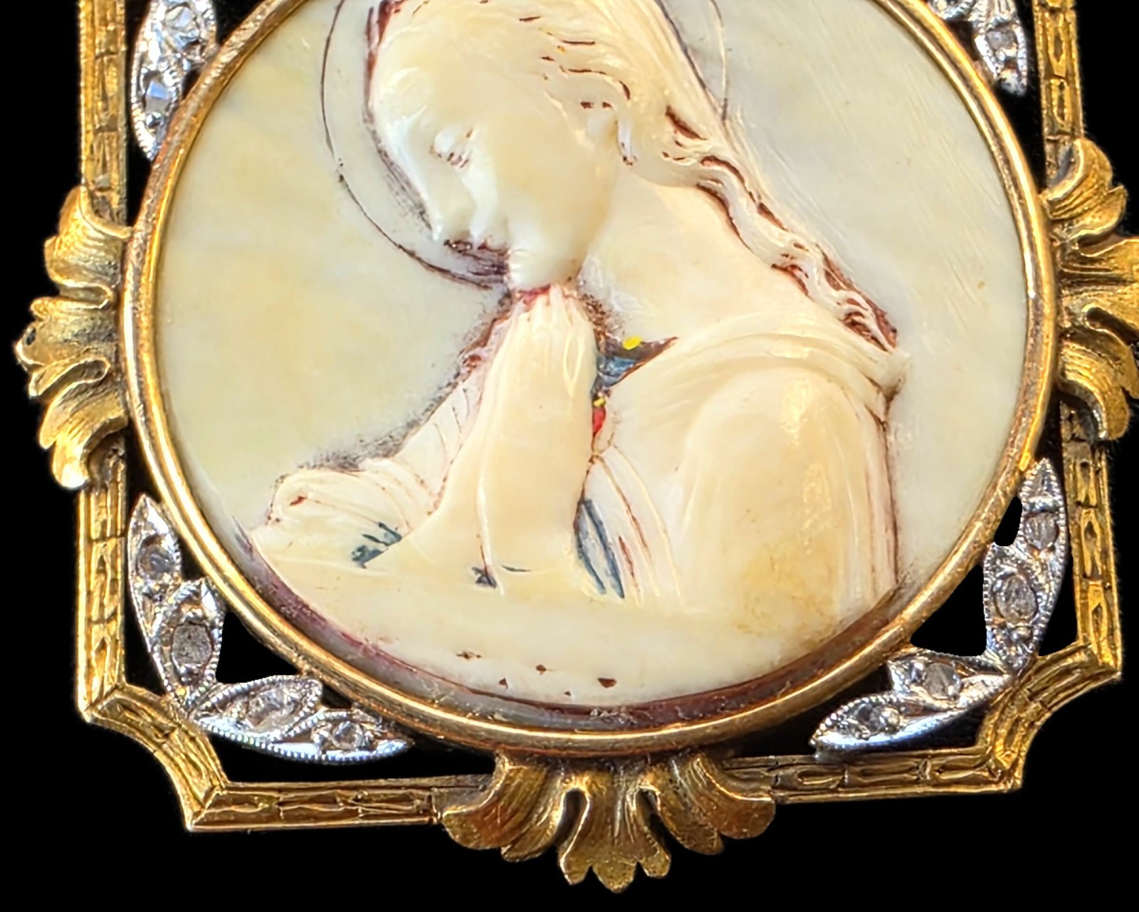 Antique Virgin Mary Medal Pendant 18k Gold Rose Cut Diamonds Catholic Art Deco