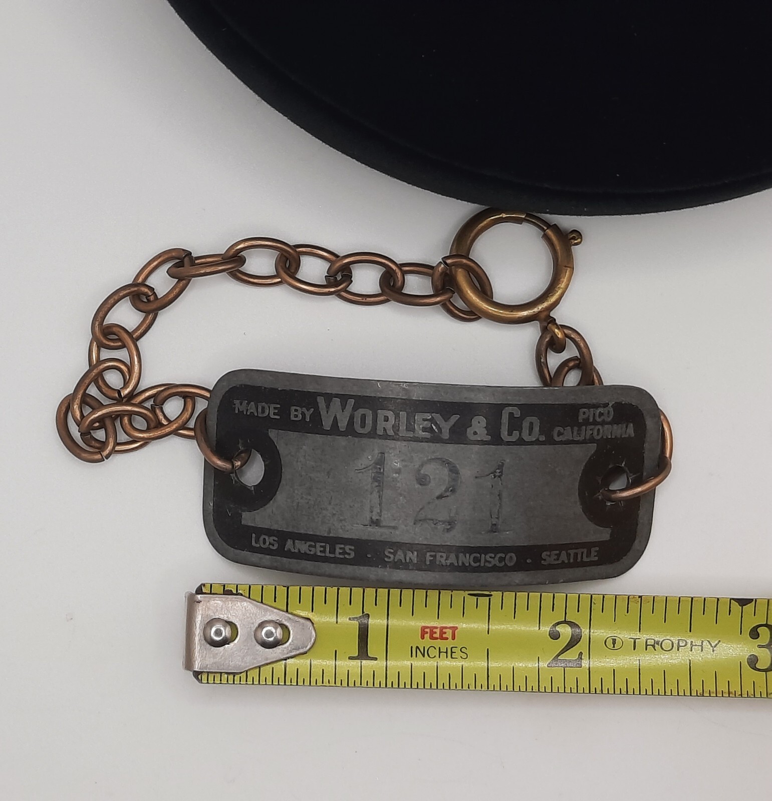 Worley & Co Pico California CA VTG Locker Tag Bracelet # 121 Brass Chain OOAK