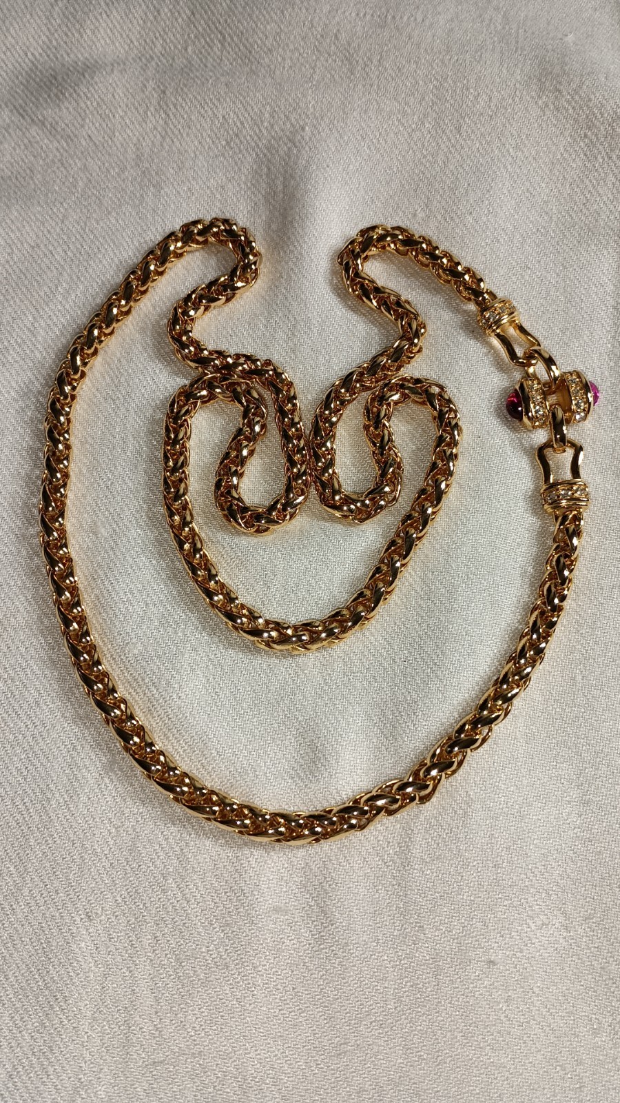 VTG Nolan Miller Chunky Red Cabochon Gold Tone Long Spiga Wheat Chain Necklace