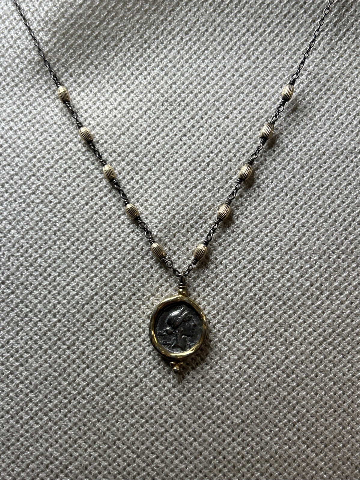 56. Vintage G.F. 925 chain Ancient Coin Replica Statement Necklace 22+”, 6.9g