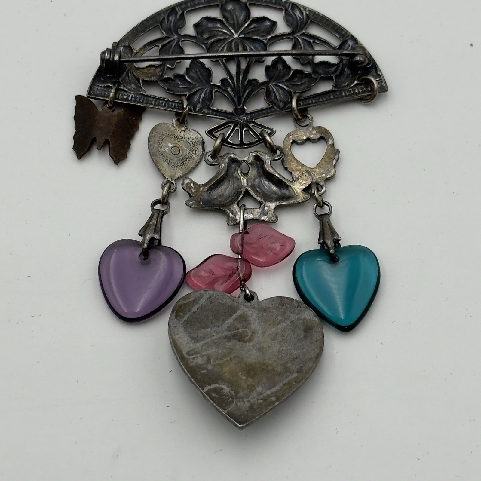 Glass Works Studio Dangling Victorian Charm Brooch Pin Heart Butterfly Birds Vtg