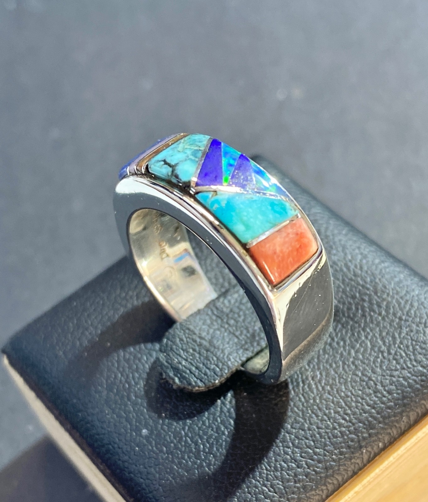 Vintage Sterling Navajo Earl Plummer Multi-Stone Channel Inlay Ring Size 7.5