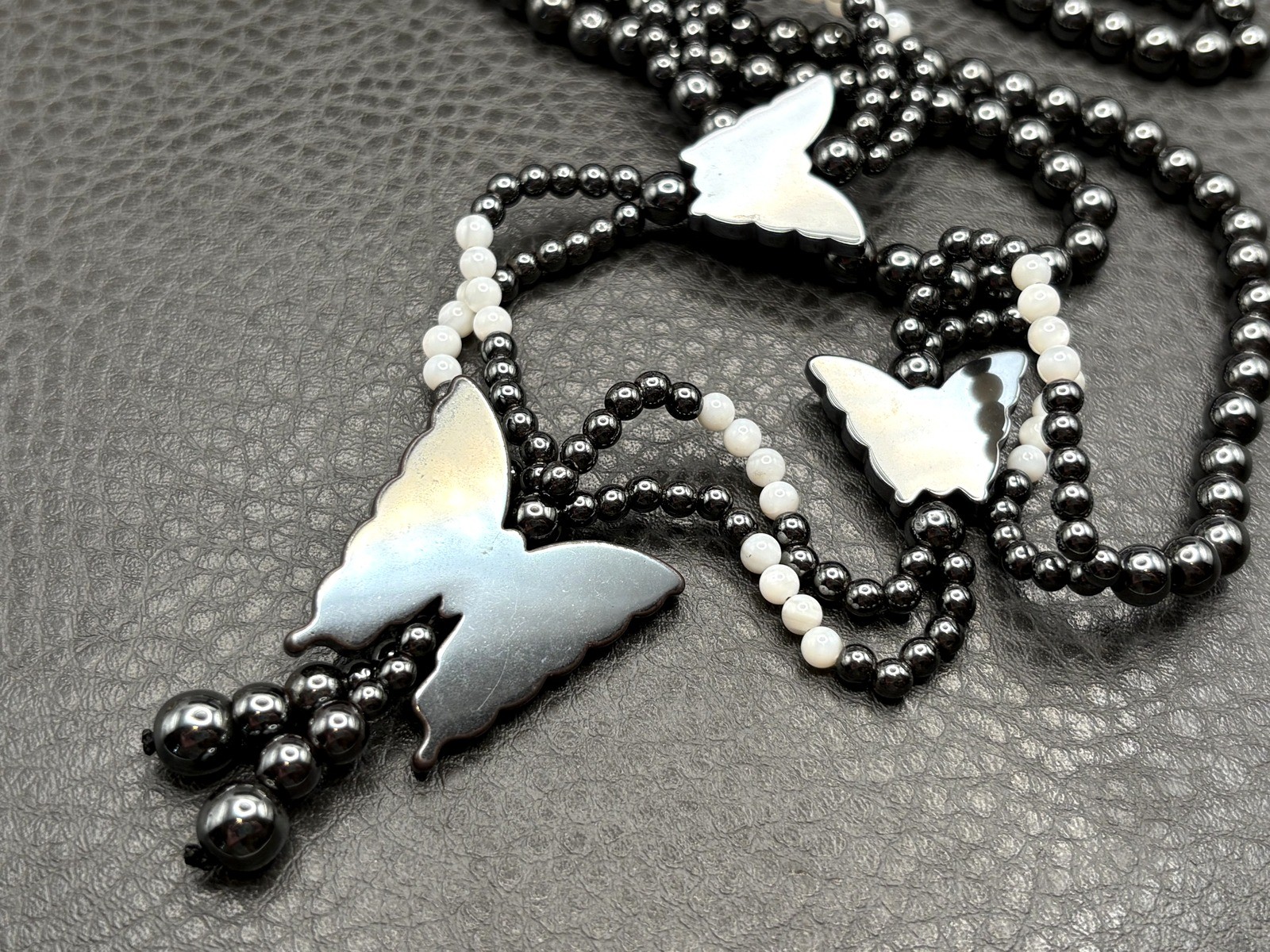 Vintage Butterfly Hematite and Mother of Pearl MOP Beaded Tassel Opera Long 32″