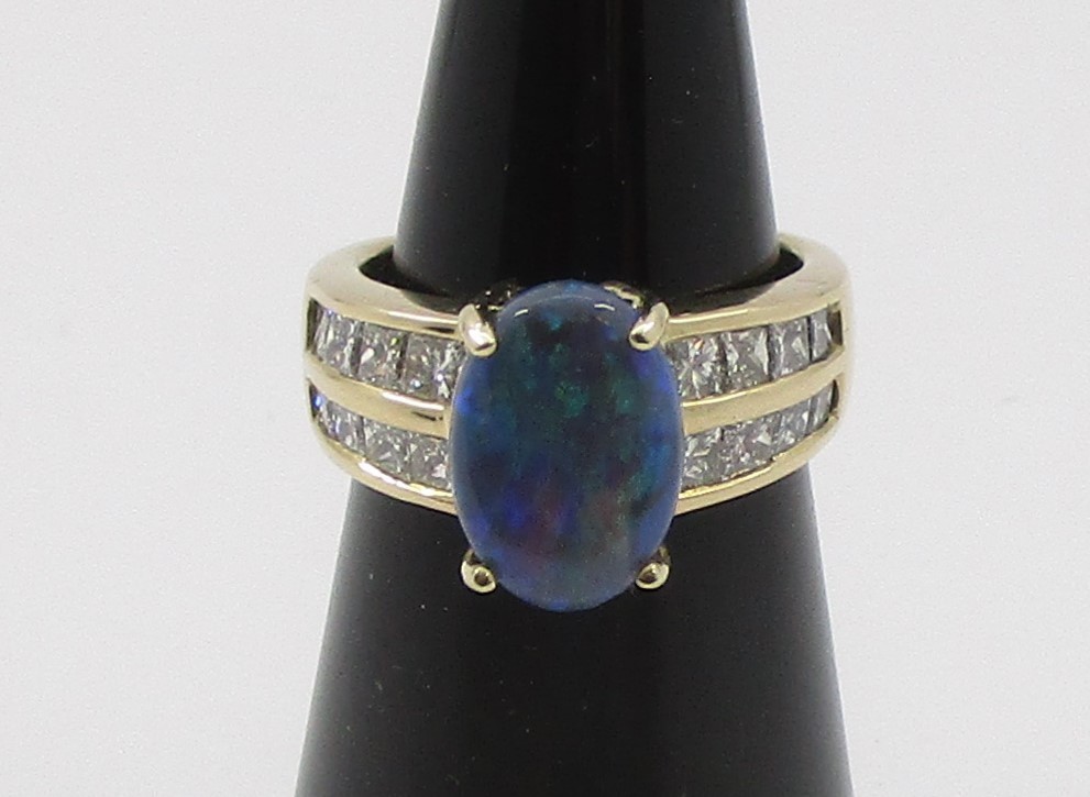 1.52CT Black Opal 0.88CTW Princess Cut Diamond Ring 14K Yellow Gold Size 4