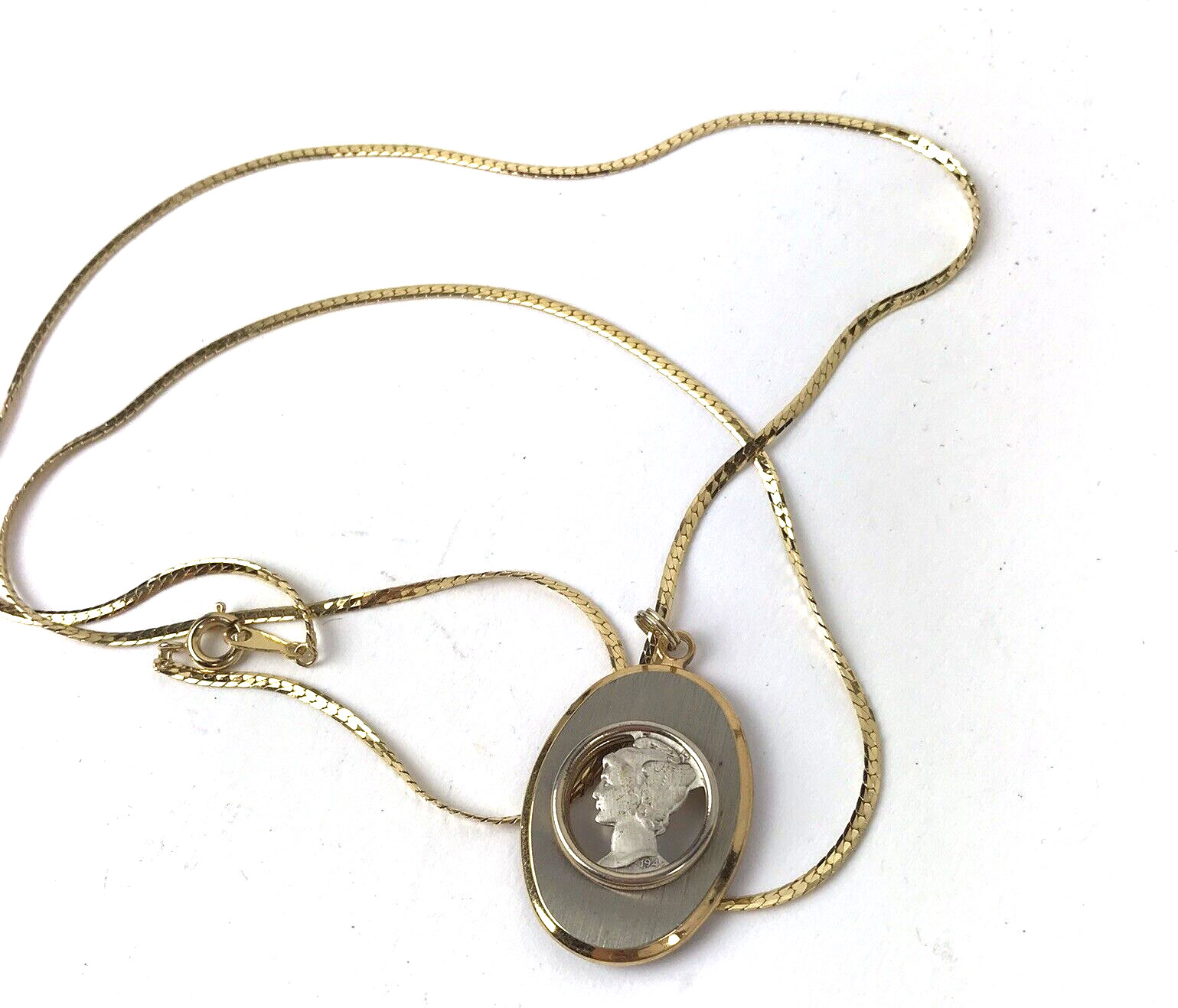 Vintage Necklace Silver 1942 Coin Carved Dime Charm Pendant Cut Out Lady Liberty