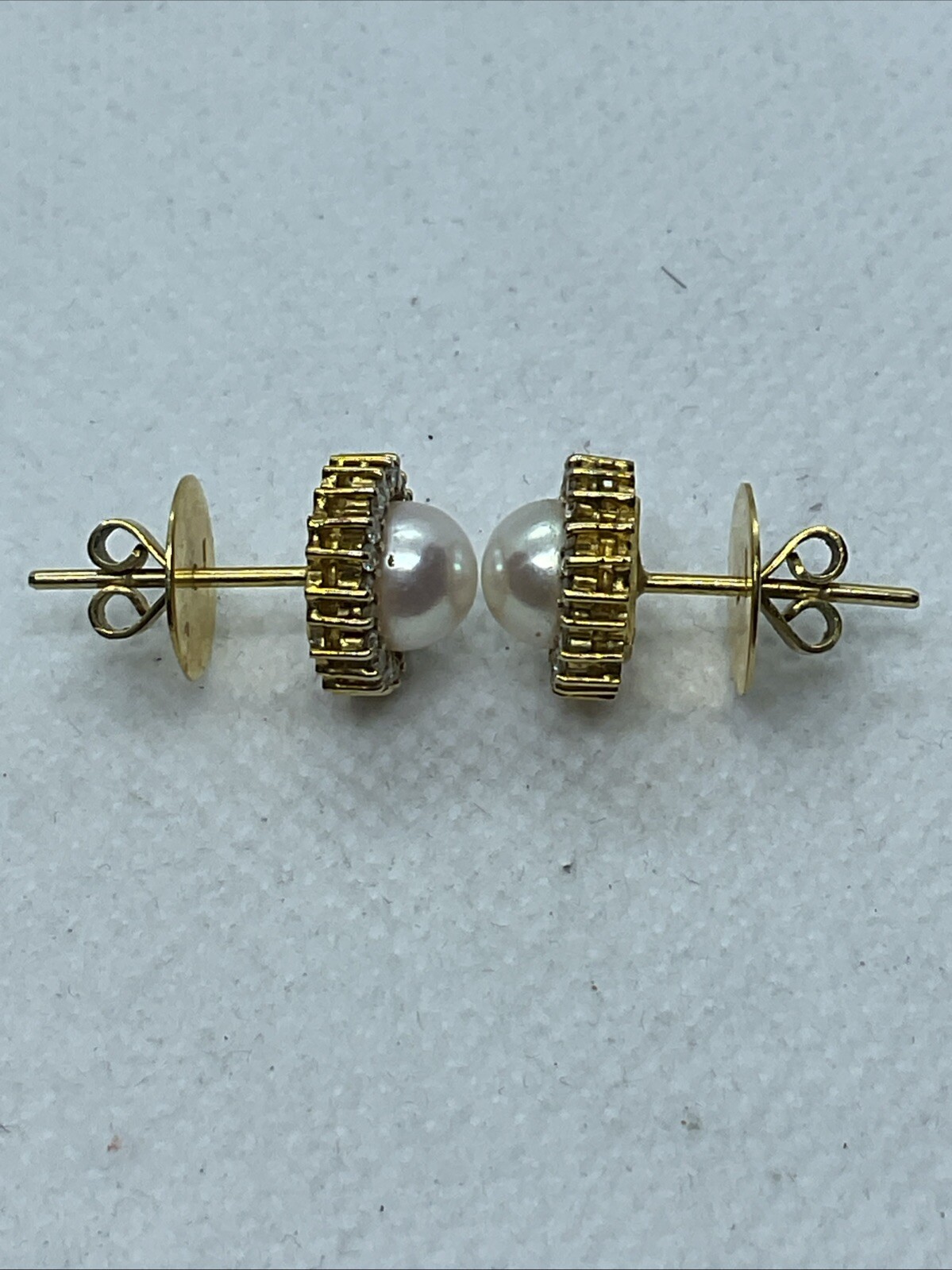 VINTAGE HANDMADE Solid 12K Yellow Gold Pearl & Diamond HALO Style STUD Earrings