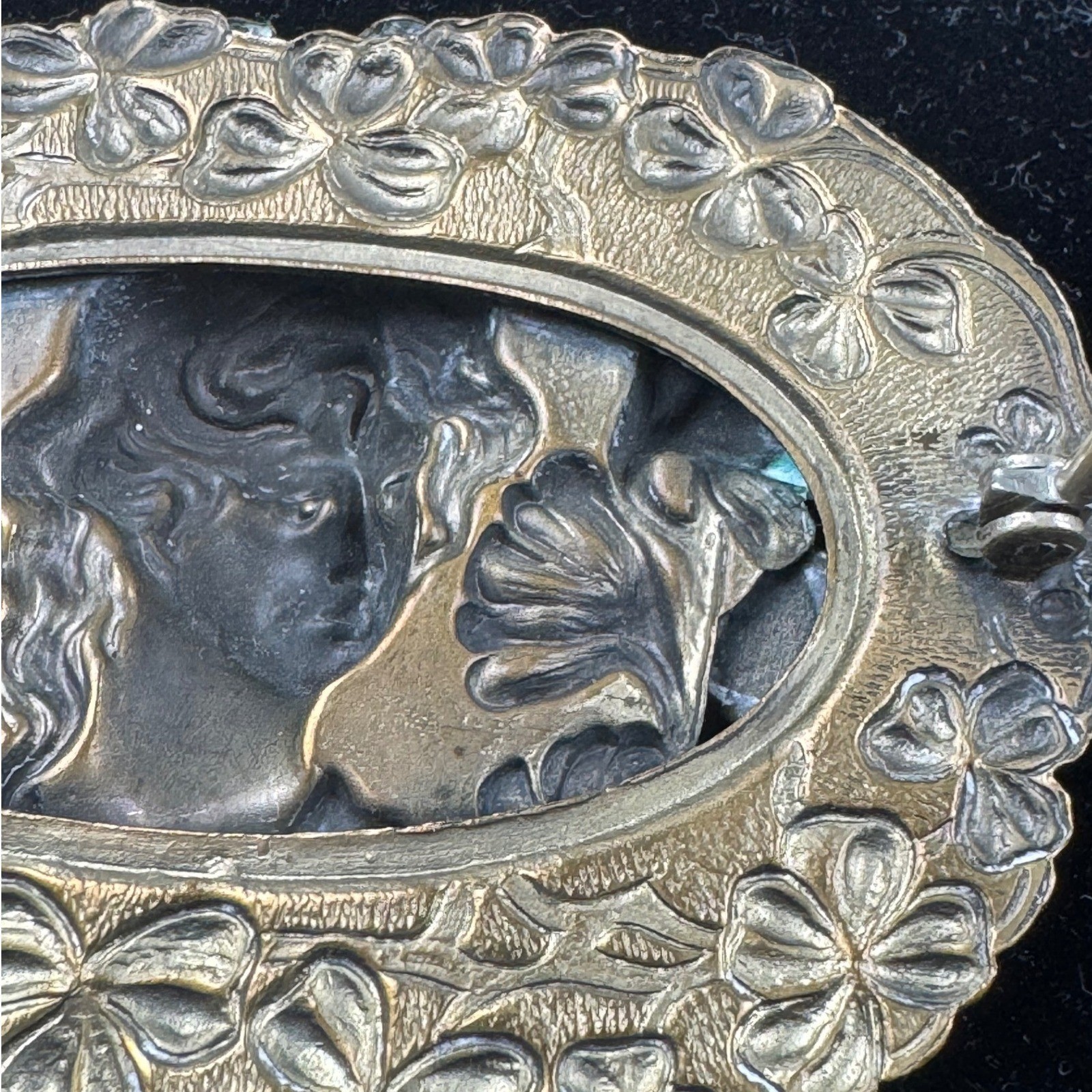 VTG Art Nouveau Revival Repousse Maiden Sash Pin Brooch Ginkgo Faux Turquoise