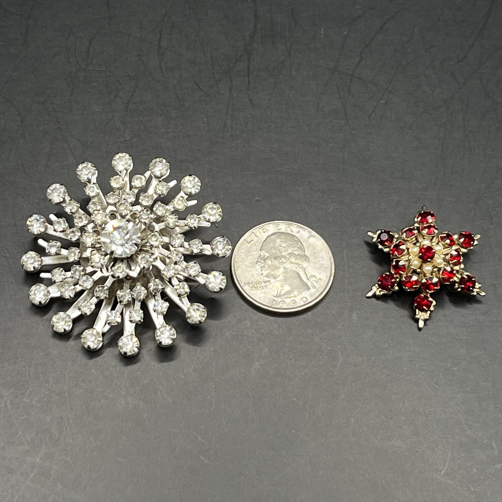Vtg 2 Pc Brooch Lot: Clear Rhinestone Flower Red Starburst Snowflake *See Notes